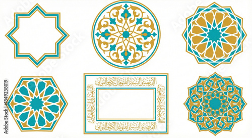 Stunning collection of intricate Islamic geometric patterns and ornamental frames in elegant gold and vibrant teal, reflecting traditional Arabic artistry and cultural heritage