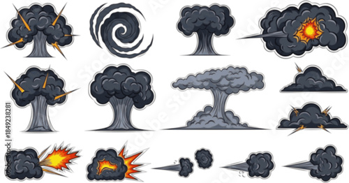 Explosive smoke cartoon clouds. Manga dark smoke puffs and swirling cloud. Bomb smoky explosions, dust and vapor steam for comic scene, fire blast effect and car exhaust. Vector isolated set