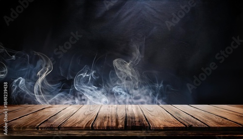 Wooden plank table with smoke background