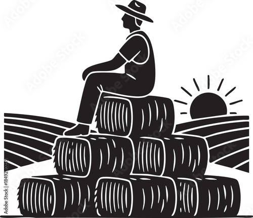 Farmer Sitting Relaxed on Hay Bales Looking at Horizon Silhouettes isolated on white background