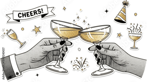 Halftone collage hands holding coupe champagne glasses with sparkling golden wine. Cheers, celebratory toast, cocktail party stickers. Modern retro vector illustration on transparent background