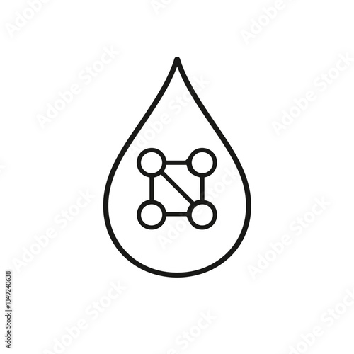 Line icon of a drop containing a molecular structure, symbolizing biotechnology, medical research, blood analysis, or biochemical innovation.