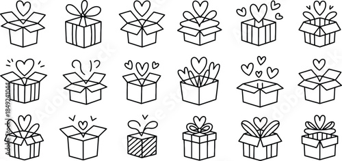 Hand drawn collection of gift boxes and open boxes with hearts for romantic occasions