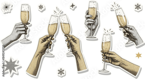 Set of halftone hands holding champagne glasses with sparkling golden drink Vintage magazine clipping stickers. Modern retro vector illustration for Christmas and New Year collage mixed media design