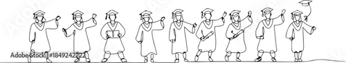One continuous line drawing of Graduation activities are carried out by students wearing a toga as symbol of graduation vector illustration. one line Art icon drawing