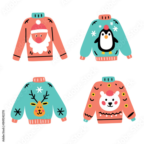 A set of four cartoon Christmas sweaters with Santa, reindeer, penguin, and polar bear designs