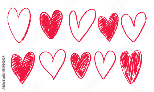 Set of chalk drawn sketch haerts. Different red haerts for Valentines Day, posters, cards, invitation
