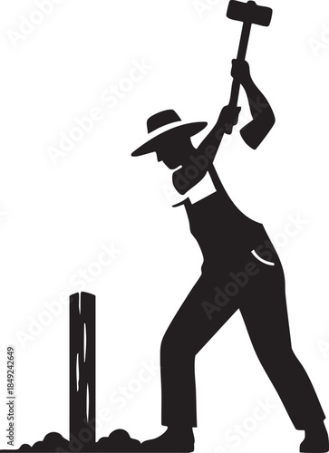 Farmer Swinging Sledgehammer Driving Fence Post Manual Labor Silhouettes isolated on white background