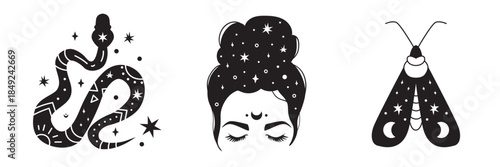 Celestial illustration set featuring a woman with messy bun, moth and mystical snake. Boho, witchy, magical symbols for tattoo design, prints, posters, branding, stickers and spiritual decor.