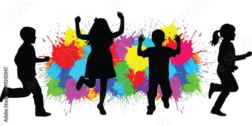 Silhouettes of dancing people in front of colorful abstract background