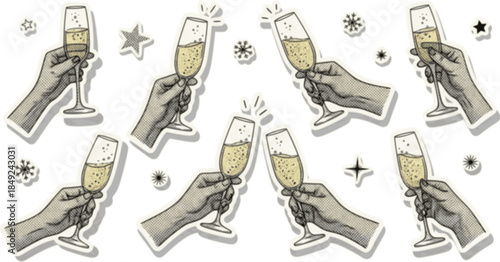 Set of halftone hands holding champagne glasses with sparkling golden drink Vintage magazine clipping stickers. Modern retro vector illustration for Christmas and New Year collage mixed media design