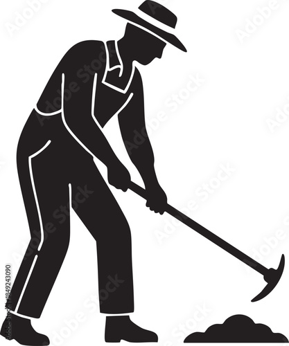Farmer Tilling Soil Swinging Hoe Action Pose Silhouettes isolated on white background