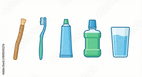 Essential oral hygiene collection miswak, toothbrush, toothpaste, mouthwash, and water. Illustrated daily dental care tools for a healthy and fresh mouth