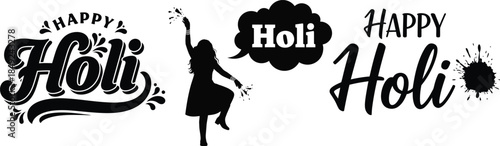 Holi festival greeting with colorful text and silhouette