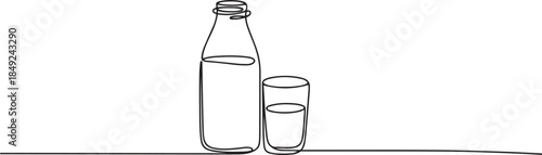One continuous line drawing of bottle and glass with milk containt. one line Art icon drawing