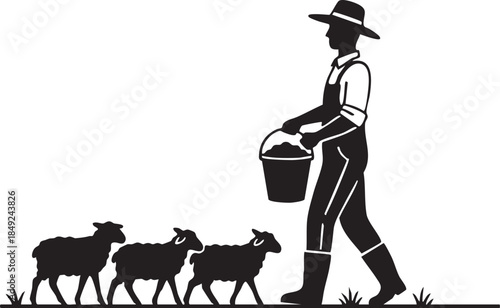 Farmer with Feed Bucket Followed by Goats and Sheep Silhouettes isolated on white background
