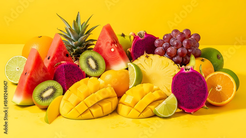 Fresh tropical fruits arranged on a bright background, juicy colors, summer freshness concept