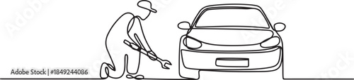 One continuous line drawing of a mechanic is repairing the car. one line Art icon drawing