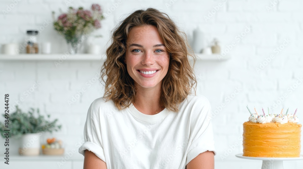 Naklejka premium This joyful image features a young woman smiling widely next to a beautifully decorated cake, embodying the spirit of celebration, happiness, and life's sweet moments.