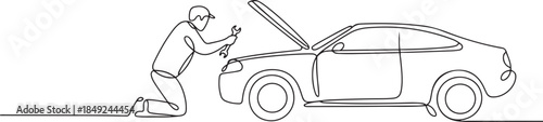 One continuous line drawing of a mechanic is repairing the car. one line Art icon drawing