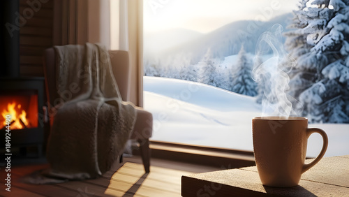 Cozy winter scene with steaming mug and snowy mountain view from window
