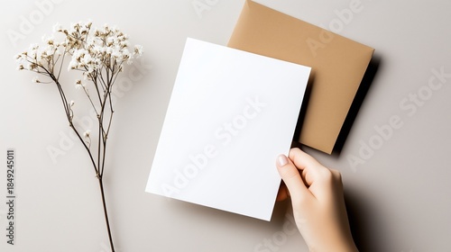 Minimalist greeting card mockup with hand and dried flower on beige background