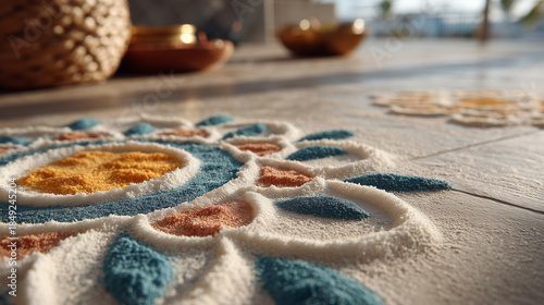 Colorful rangoli pattern on floor with decorative elements nearby  