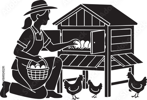 Female Farmer Gathering Eggs from Chicken Coop Nesting Box Silhouettes isolated on white background