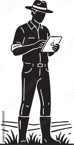 Modern Farmer Using Tablet for Digital Agriculture Data Silhouettes isolated on white background