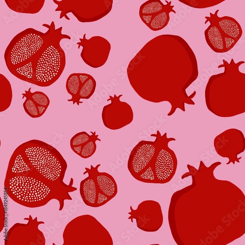 Pomegranate seamless fruit pattern on red background 
