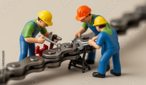 Miniature figures repair a bicycle chain with tools in a workshop setting during daylight hours