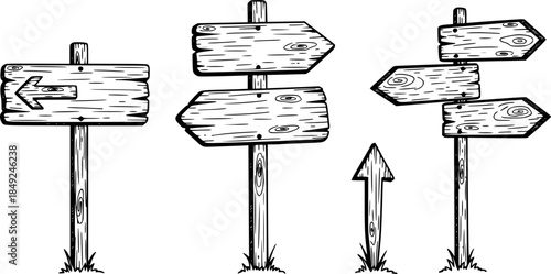 Hand drawn road sign. Doodle wooden signpost, sketch street direction pointer. Blank signboard with arrow vector isolates set

