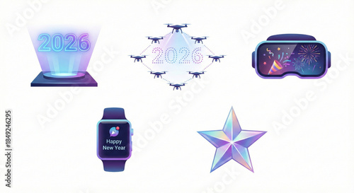 Futuristic New Year 2026 celebration concept with holographic projections, drone formations, virtual reality experiences, smart device greetings, and a shimmering star icon