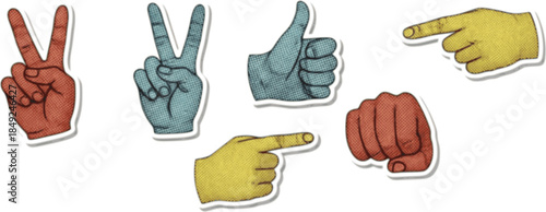 Cut out hand emoji gestures set. Various halftone hands signs vintage dotted stickers. Modern retro vector illustration for mixed media design, collage and scrapbook isolated on transparent background