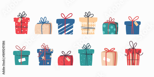 Colorful vector set of shopping bags with ribbons and bows for gifts and holiday celebrations, Vector illustration.