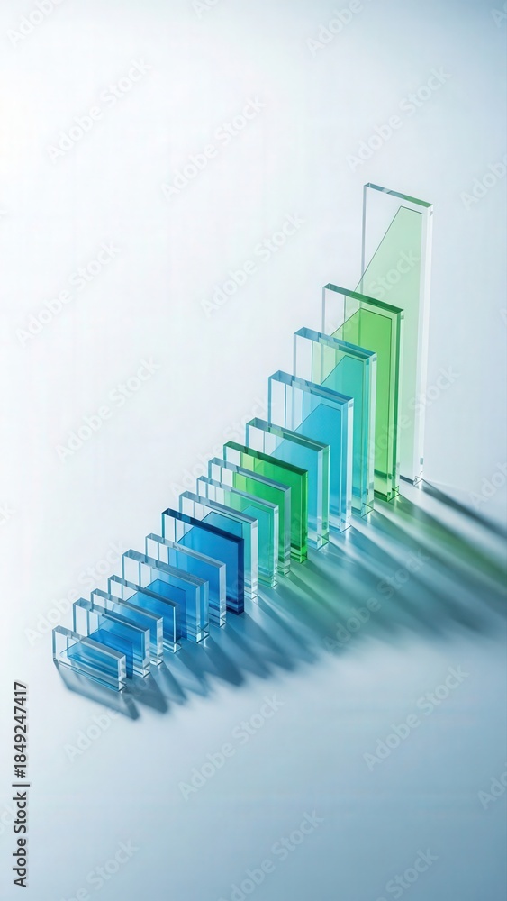 Obraz premium Transparent blue and green bars forming a close-up growth chart