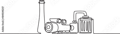 One continuous line drawing of chimney, gas turbine generator and heat recovery steam generator in the power plant industry in simple linear vector illustration. one line Art icon drawing