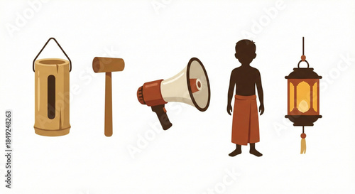 A collection of objects and a person, including a lantern, mallet, megaphone, and a silhouetted figure in traditional attire