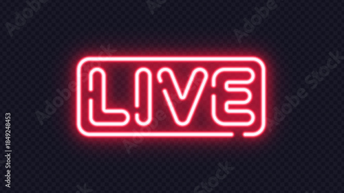 Bright red neon live sign glowing on a transparent background. A striking modern design perfect for streams, broadcasts, and digital announcements