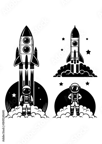Retro Style Monochrome Vector Set of Space Rockets and Astronauts