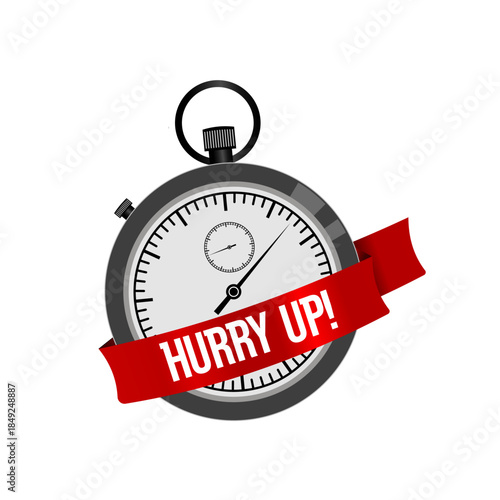 Stopwatch with red ribbon and hurry up text, vector illustration