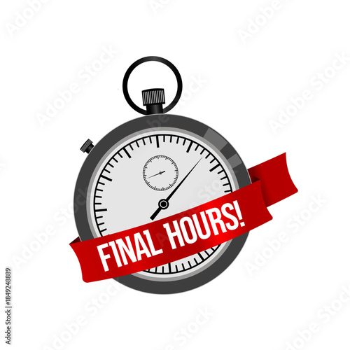 Stopwatch with red ribbon and final hours text, vector illustration