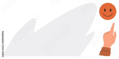 Single hand pointing toward orange happy face representing positivity, joy, or consumer satisfaction. Ideal for motivation, customer feedback, emotions, well-being, achievement, connection