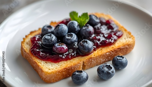 Toast with mixed berry jam and scattered blueberries around