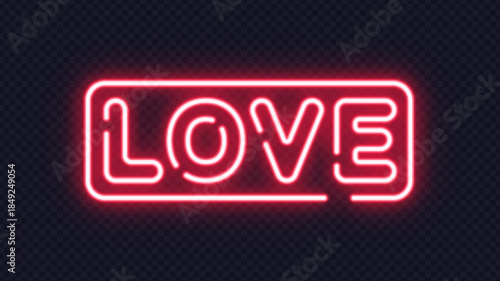 Neon LOVE typography in a rectangle frame with vibrant red glow, perfect for romantic themes.