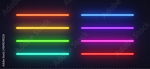 Horizontal neon lines in vivid colors are arranged on a transparent background. The glowing bars work well as graphic elements for banners, frames or digital layouts.