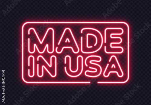 Bright neon label made in USA with glowing effect and bold outline. Stylish retro light sign for patriotic or commercial use.