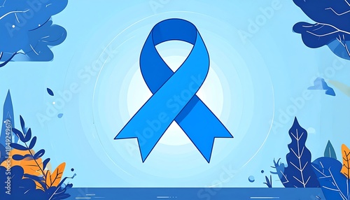 Blue awareness ribbon against a light blue backdrop with whimsical plant accents, evokes hope and support