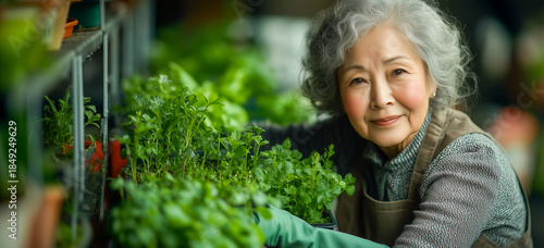 Smiling elderly woman tending to potted herbs in a greenhouse or indoor garden. She is surrounded by lush greenery, wearing gloves and an apron, enjoying her gardening hobby.