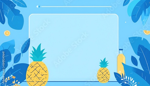 Blue background, frame, pineapples, drink bottle, citrus slices & stylized foliage adorn a cheerful summer display